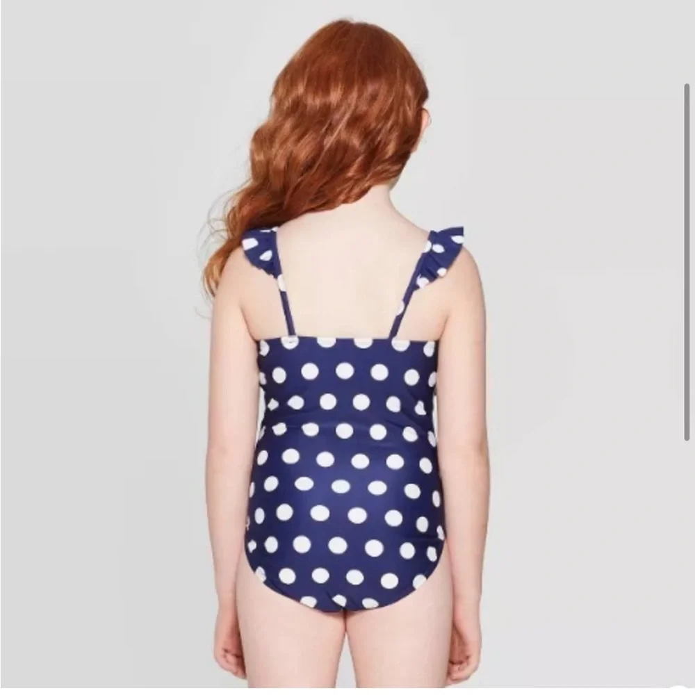 Cat & Jack One Piece Navy Blue & White Polka Dot Bathing Suit Size 10/12